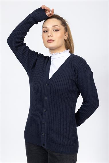Vs Kadın V Yaka Dügmeli Saç Örgü U.Kol Hırka Trk Lacivert 1