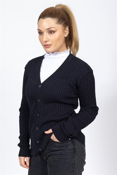 Vs Kadın V Yaka Dügmeli Saç Örgü U.Kol Hırka Trk Lacivert 2