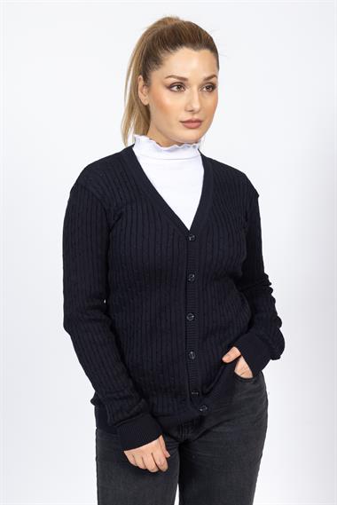Vs Kadın V Yaka Dügmeli Saç Örgü U.Kol Hırka Trk Lacivert 2