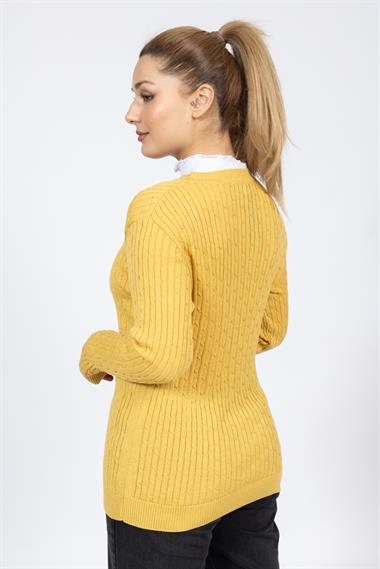 Vs Kadın V Yaka Dügmeli Saç Örgü U.Kol Hırka Trk SARI