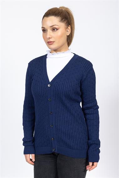 Vs Kadın V Yaka Dügmeli Saç Örgü U.Kol Hırka Trk SAX MAVİ