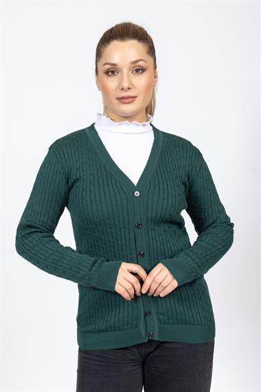 Vs Kadın V Yaka Dügmeli Saç Örgü U.Kol Hırka Trk YEŞİL