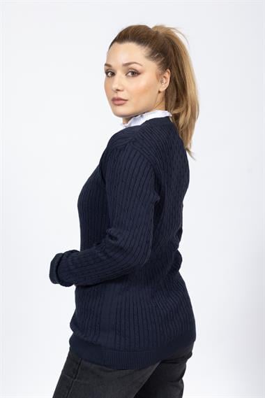 Vs Kadın V Yaka Dügmeli Saç Örgü U.Kol Hırka Trk Lacivert 1