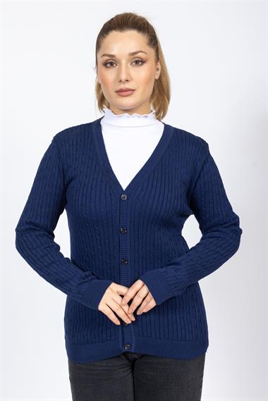 Vs Kadın V Yaka Dügmeli Saç Örgü U.Kol Hırka Trk SAX MAVİ