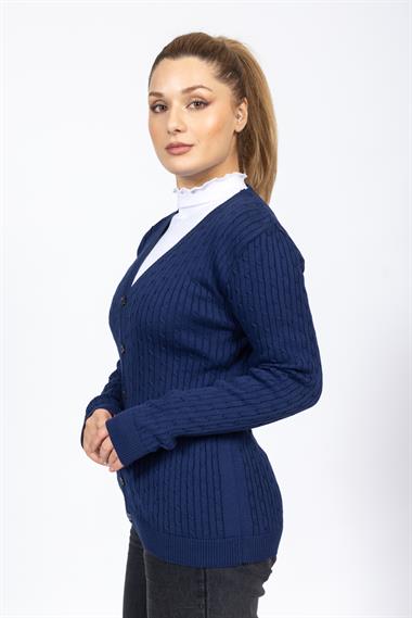 Vs Kadın V Yaka Dügmeli Saç Örgü U.Kol Hırka Trk SAX MAVİ