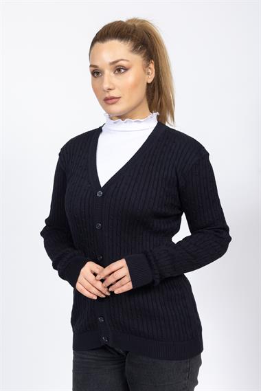 Vs Kadın V Yaka Dügmeli Saç Örgü U.Kol Hırka Trk Lacivert 2