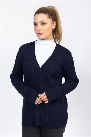 Vs Kadın V Yaka Dügmeli Saç Örgü U.Kol Hırka Trk LACİVERT