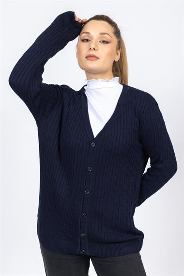 Vs Kadın V Yaka Dügmeli Saç Örgü U.Kol Hırka Trk LACİVERT