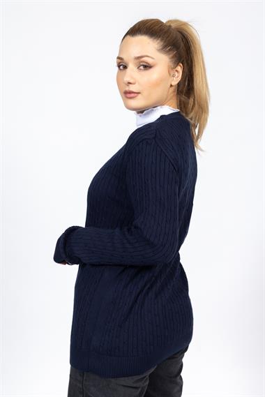 Vs Kadın V Yaka Dügmeli Saç Örgü U.Kol Hırka Trk LACİVERT