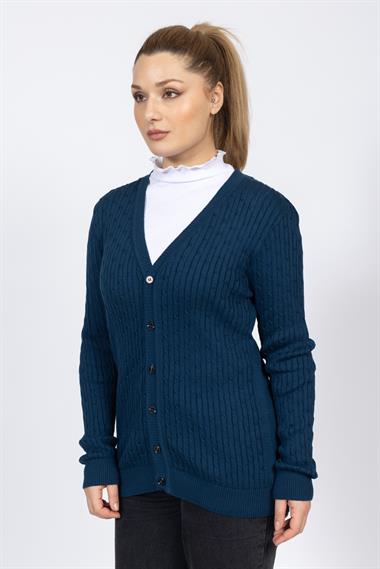 Vs Kadın V Yaka Dügmeli Saç Örgü U.Kol Hırka Trk PETROL YEŞİLİ