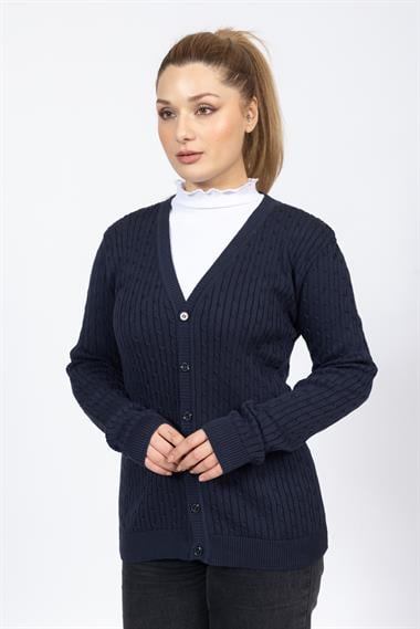 Vs Kadın V Yaka Dügmeli Saç Örgü U.Kol Hırka Trk Lacivert 1
