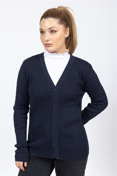 Vs Kadın V Yaka Dügmeli Saç Örgü U.Kol Hırka Trk Lacivert 1