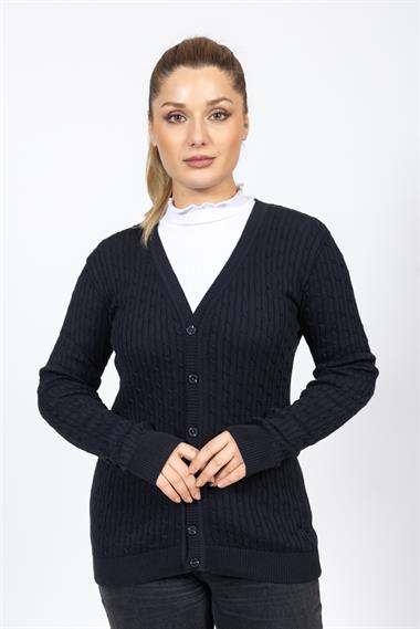 Vs Kadın V Yaka Dügmeli Saç Örgü U.Kol Hırka Trk SİYAH