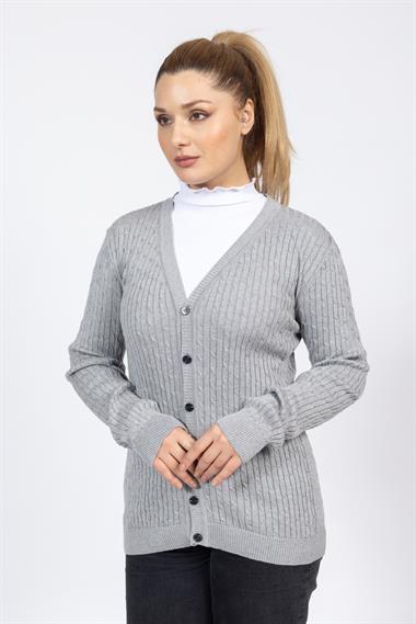Vs Kadın V Yaka Dügmeli Saç Örgü U.Kol Hırka Trk A.GRİ