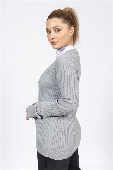Vs Kadın V Yaka Dügmeli Saç Örgü U.Kol Hırka Trk A.GRİ