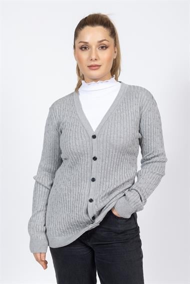 Vs Kadın V Yaka Dügmeli Saç Örgü U.Kol Hırka Trk A.GRİ