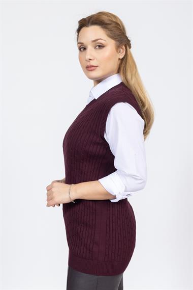 Vs Kadın V Yaka Saç Örgü Suveter Trk BORDO