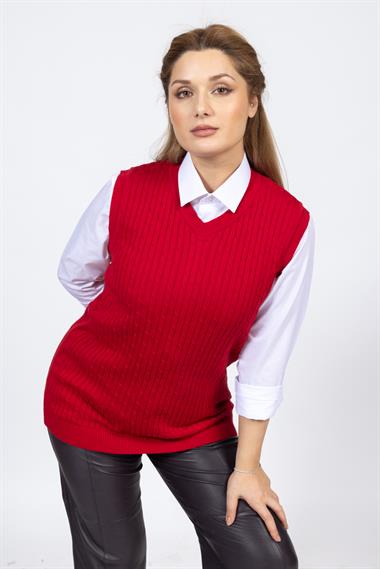 Vs Kadın V Yaka Saç Örgü Suveter Trk Kırmızı 1