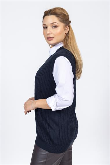 Vs Kadın V Yaka Saç Örgü Suveter Trk LACİVERT