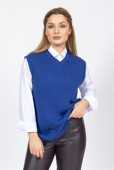 Vs Kadın V Yaka Saç Örgü Suveter Trk SAX MAVİ