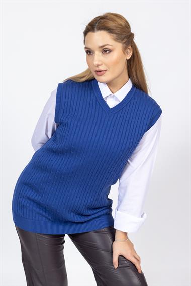 Vs Kadın V Yaka Saç Örgü Suveter Trk SAX MAVİ