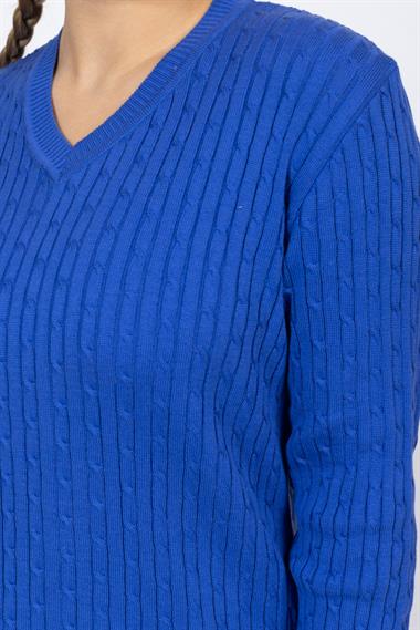 Vs Kadın V Yaka Saç Örgü U.Kol Kazak Trk SAX MAVİ