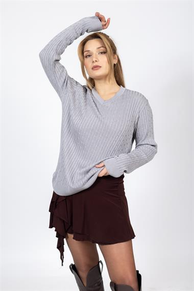 Vs Kadın V Yaka Saç Örgü U.Kol Kazak Trk GRİ