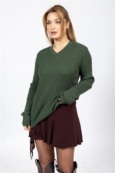 Vs Kadın V Yaka Saç Örgü U.Kol Kazak Trk YEŞİL