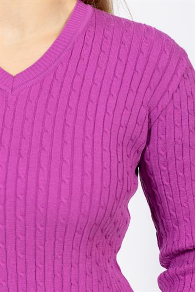 Vs Kadın V Yaka Saç Örgü U.Kol Kazak Trk FUŞYA