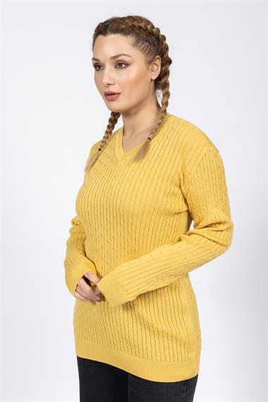 Vs Kadın V Yaka Saç Örgü U.Kol Kazak Trk HARDAL