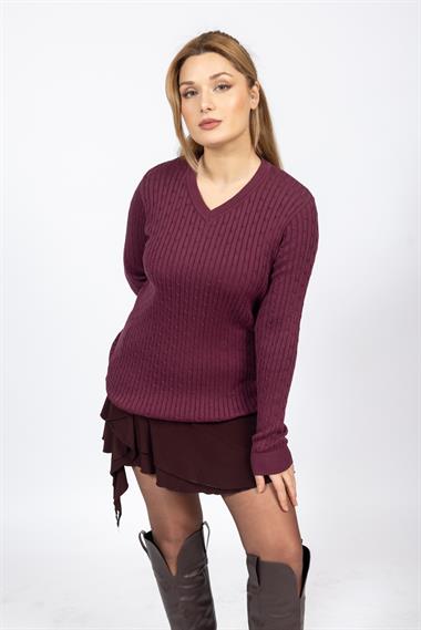 Vs Kadın V Yaka Saç Örgü U.Kol Kazak Trk Bordo 1