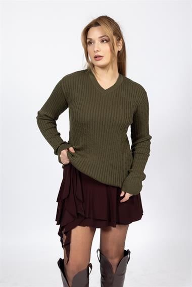 Vs Kadın V Yaka Saç Örgü U.Kol Kazak Trk HAKİ YEŞİL