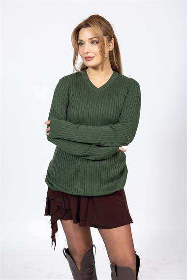 Vs Kadın V Yaka Saç Örgü U.Kol Kazak Trk YEŞİL