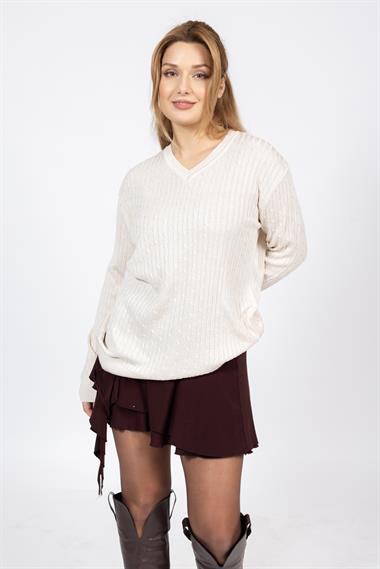 Vs Kadın V Yaka Saç Örgü U.Kol Kazak Trk TAŞ