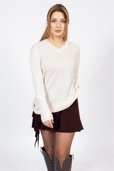 Vs Kadın V Yaka Saç Örgü U.Kol Kazak Trk TAŞ