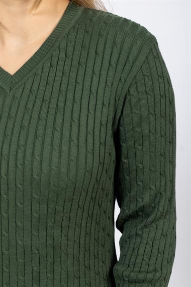 Vs Kadın V Yaka Saç Örgü U.Kol Kazak Trk YEŞİL