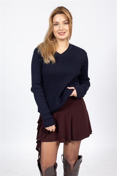 Vs Kadın V Yaka Saç Örgü U.Kol Kazak Trk LACİVERT
