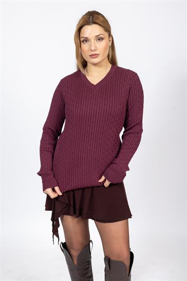 Vs Kadın V Yaka Saç Örgü U.Kol Kazak Trk Bordo 1