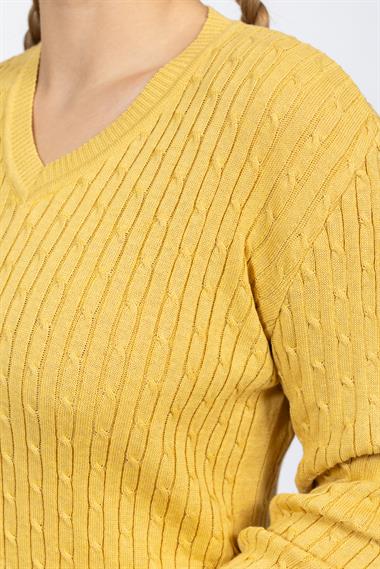 Vs Kadın V Yaka Saç Örgü U.Kol Kazak Trk HARDAL