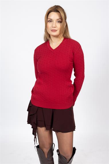 Vs Kadın V Yaka Saç Örgü U.Kol Kazak Trk BORDO