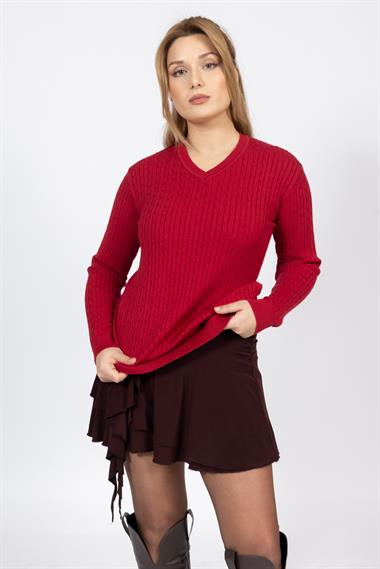 Vs Kadın V Yaka Saç Örgü U.Kol Kazak Trk BORDO
