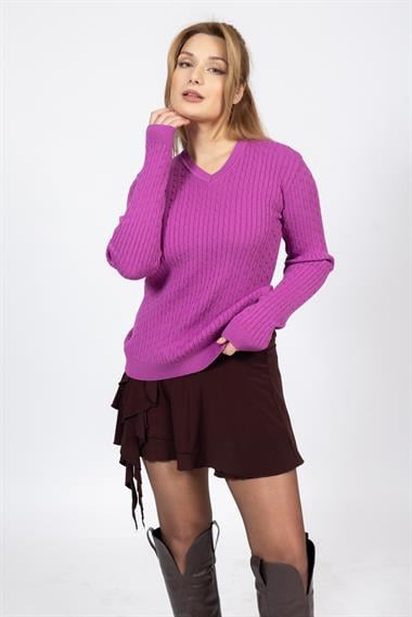 Vs Kadın V Yaka Saç Örgü U.Kol Kazak Trk FUŞYA