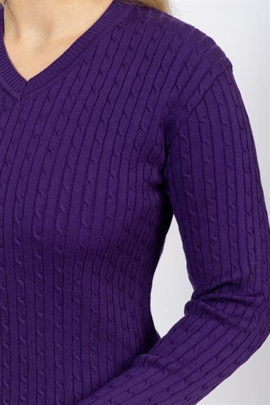 Vs Kadın V Yaka Saç Örgü U.Kol Kazak Trk MOR