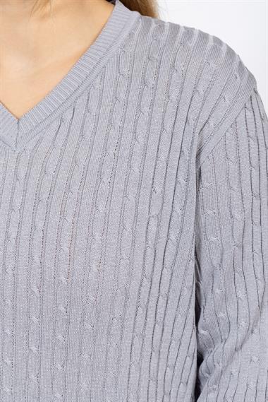 Vs Kadın V Yaka Saç Örgü U.Kol Kazak Trk GRİ