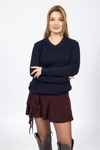 Vs Kadın V Yaka Saç Örgü U.Kol Kazak Trk LACİVERT