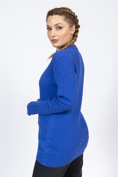 Vs Kadın V Yaka Saç Örgü U.Kol Kazak Trk SAX MAVİ