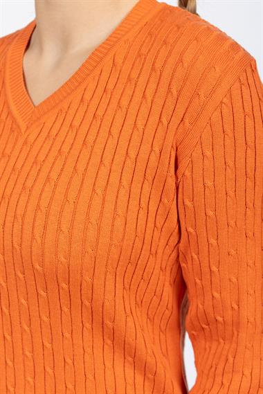 Vs Kadın V Yaka Saç Örgü U.Kol Kazak Trk TURUNCU