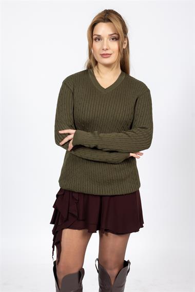 Vs Kadın V Yaka Saç Örgü U.Kol Kazak Trk HAKİ YEŞİL