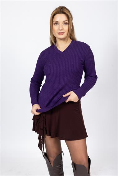 Vs Kadın V Yaka Saç Örgü U.Kol Kazak Trk MOR