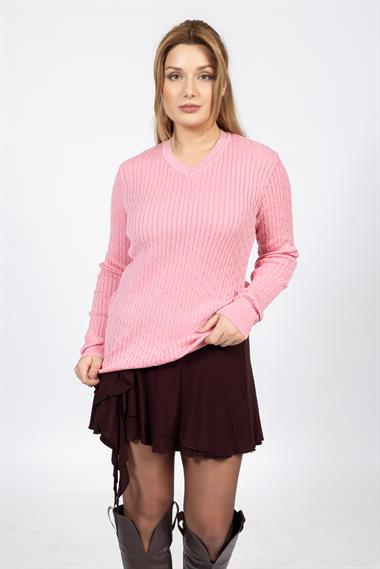 Vs Kadın V Yaka Saç Örgü U.Kol Kazak Trk PEMBE